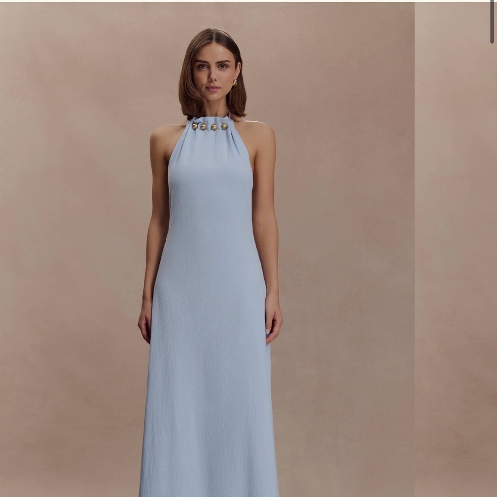 Meshki Light Blue Maxi Dress with Embellished Neckline
